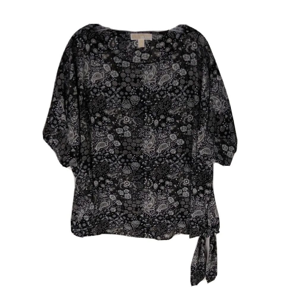 Michael Kors Womens 1X Black Gray Floral‎ Paisley Short Sleeve Side Tie Blouse